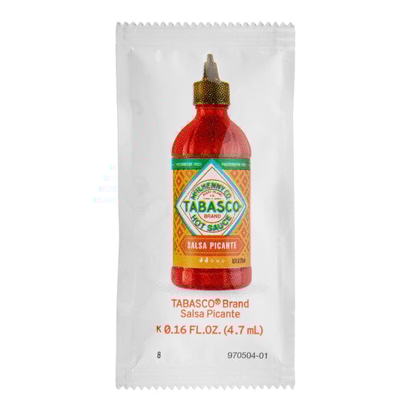 A single-serve packet of TABASCO Salsa Picante hot sauce containing 0.16 fl. oz. (4.7 mL).