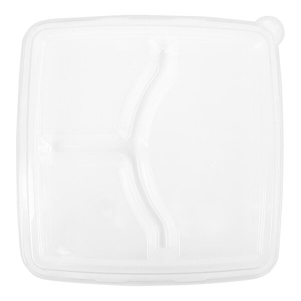 Fineline Conserveware Clear PETE 3-Section Flat Lid for 9" 3-Compartment Square Bagasse Take-Out Tray - 200/Case