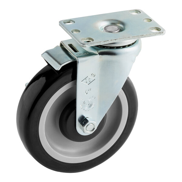 A 5-inch polyurethane swivel plate caster with a brake.