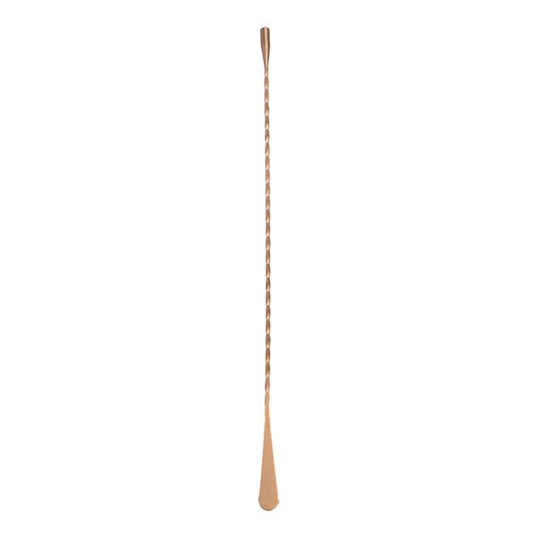 A long, dual-sided copper bar spoon with a twisted handle and teardrop ends.