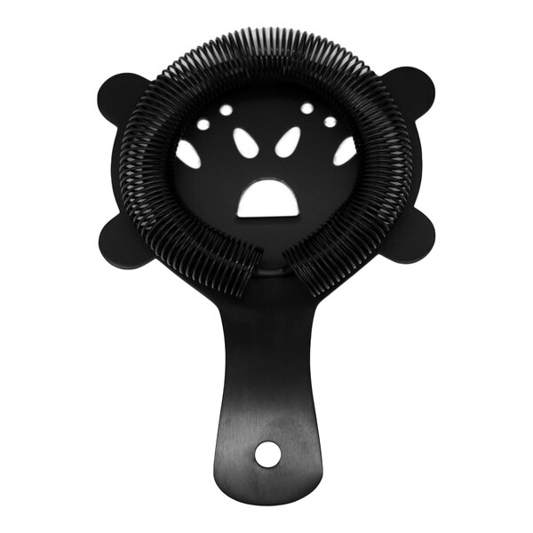 A matte black stainless steel Hawthorne strainer with a coiled spring and handle.