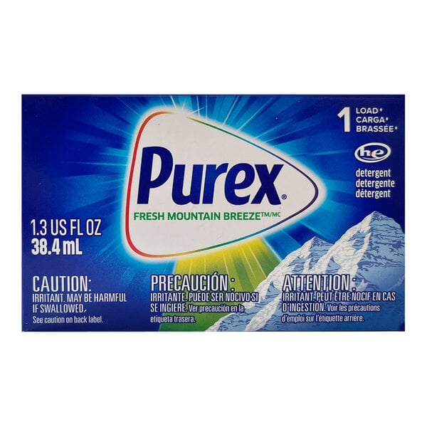 A single-use box of Purex Fresh Mountain Breeze liquid laundry detergent.