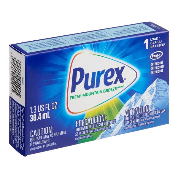 A single-use box of Purex Fresh Mountain Breeze liquid laundry detergent.