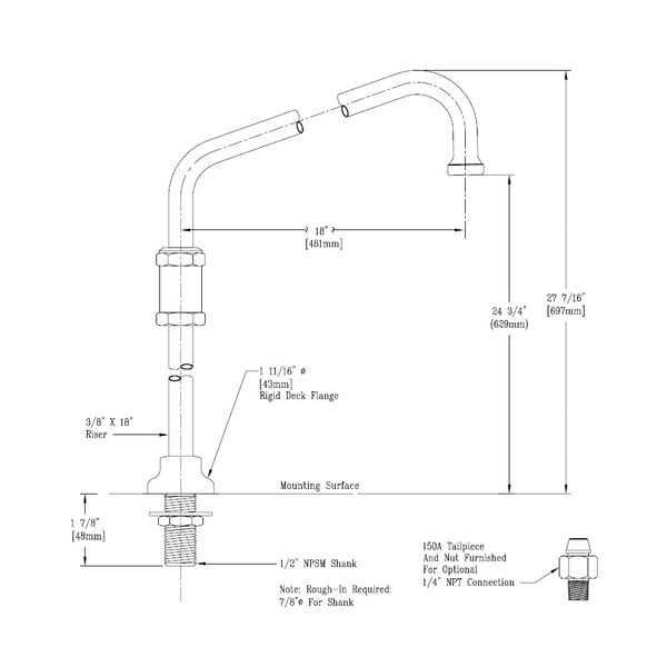 A diagram of a T&S faucet nozzle with plumbing for a kitchen sink.