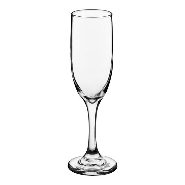 A clear 6 oz. flute glass designed for serving champagne or sparkling wine.