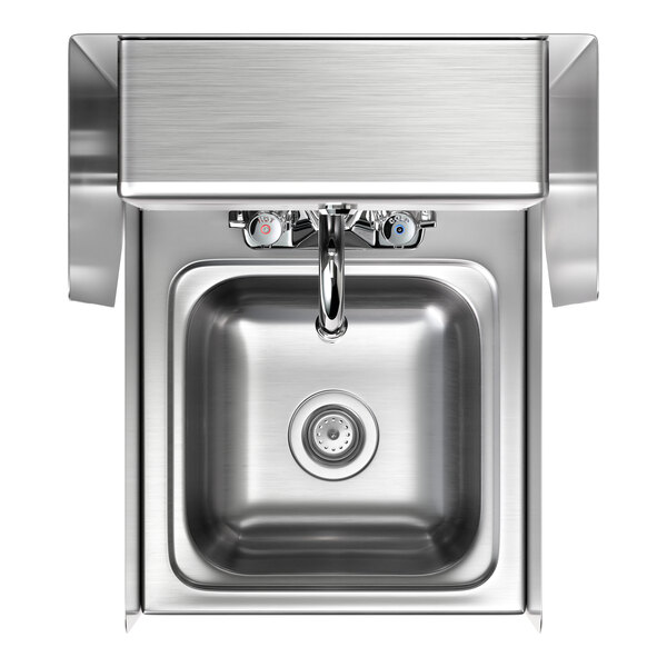 A stainless steel wall-mounted hand sink with a gooseneck faucet, side splashes, and a built-in paper towel dispenser.