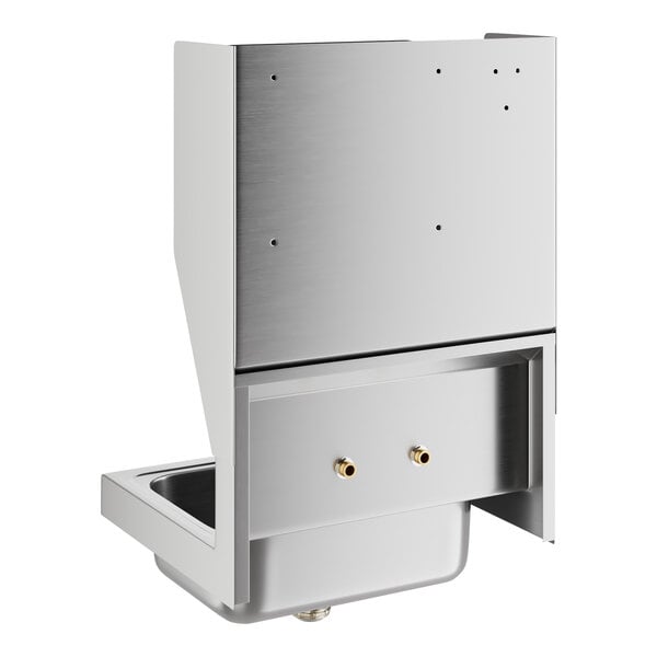 A stainless steel wall-mounted hand sink unit with a gooseneck faucet, paper towel dispenser, and soap dispenser.