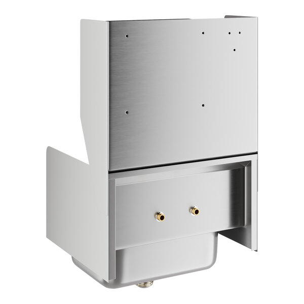 A stainless steel wall-mounted hand sink with side splashes, a gooseneck faucet, and built-in dispensers for paper towels and soap.