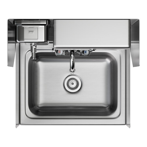 A stainless steel wall-mounted hand sink with a gooseneck faucet, side splashes, paper towel dispenser, and soap dispenser.