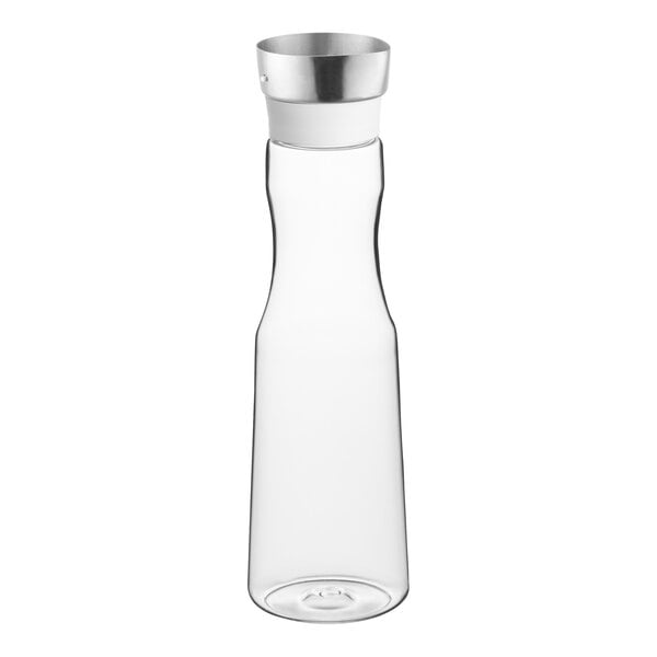 A clear polycarbonate carafe with a stainless steel lid.