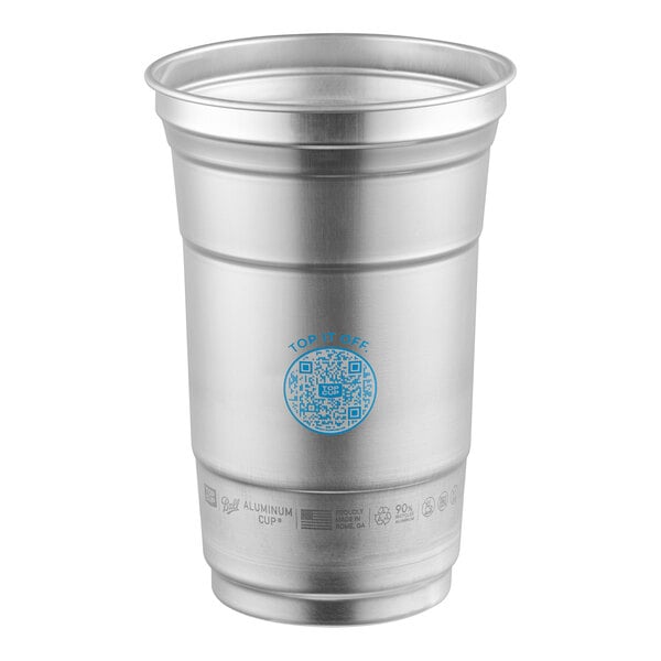 A 20 oz. aluminum cup with a Top Cup logo design by Ball.