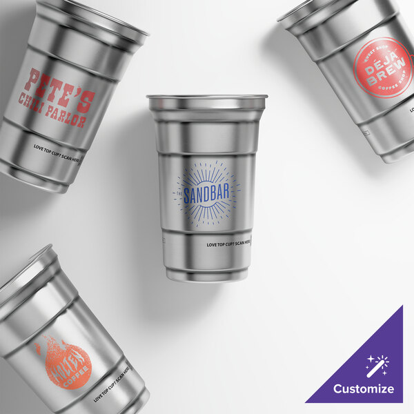 A set of customizable 20 oz. aluminum cups with various logo designs.