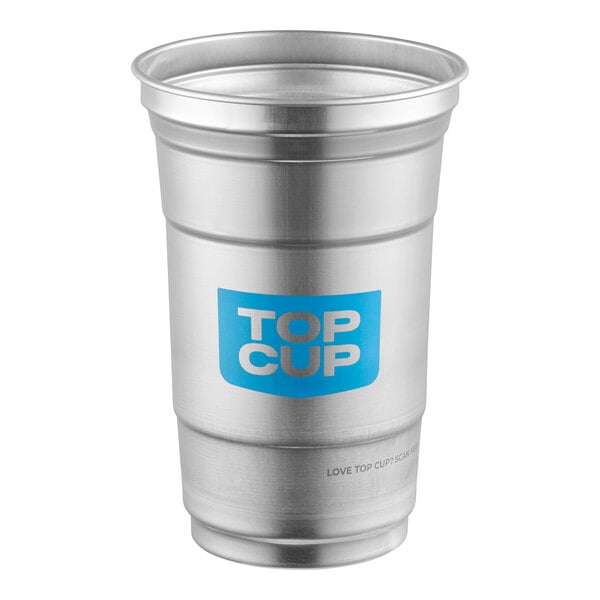 A 20 oz. aluminum cup with a blue 'Top Cup' logo on the front.