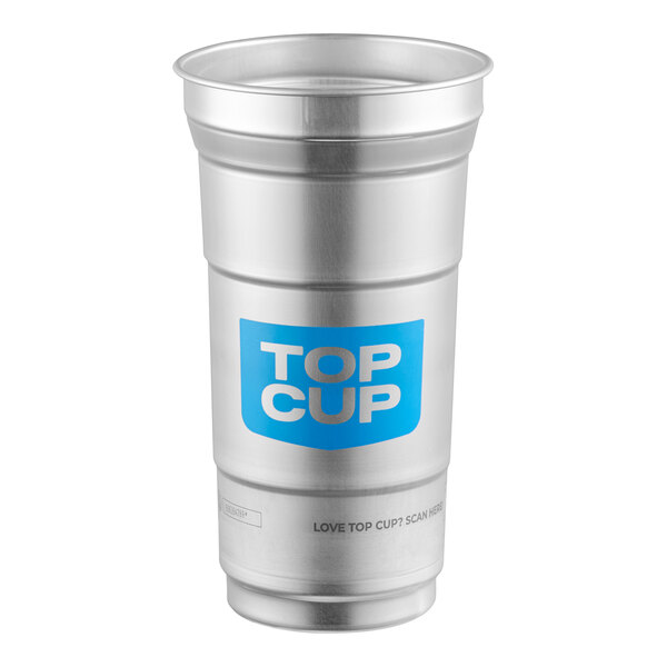 A 12 oz. aluminum cup with a blue 'Top Cup' logo design on the front.