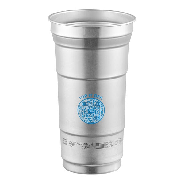 A 12 oz. aluminum cup with a blue Top Cup logo design by Ball.