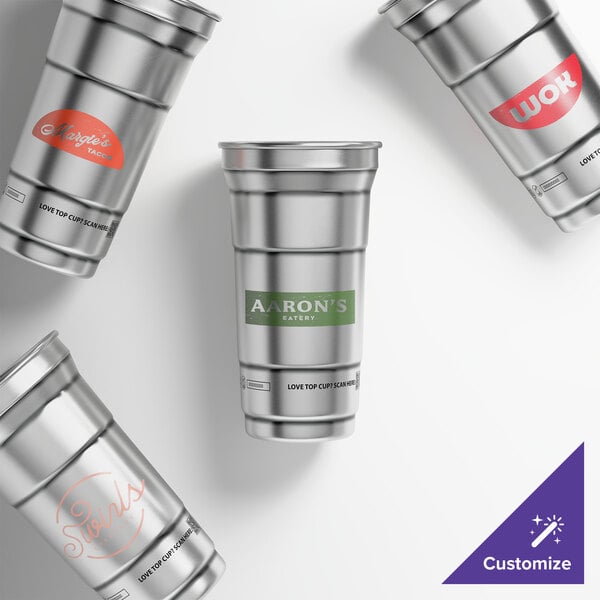 A set of customizable 12 oz. aluminum cups with various logo designs.