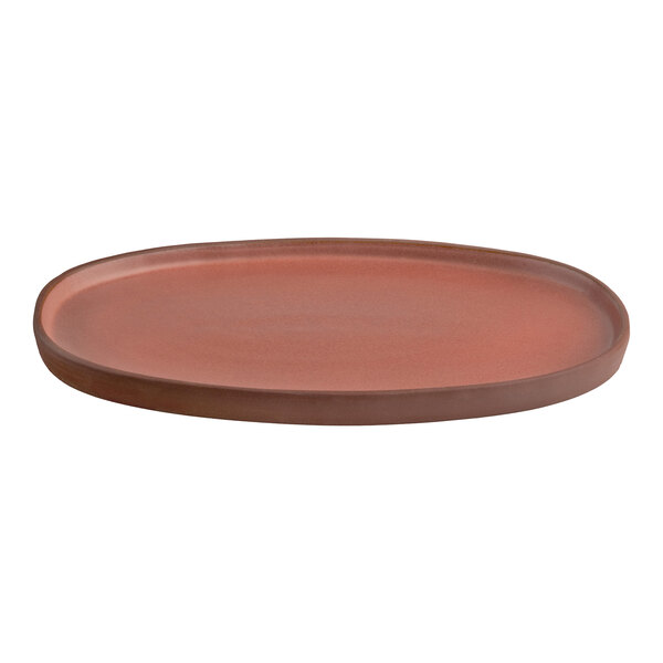 A sienna-colored, high rim oval stoneware tray.