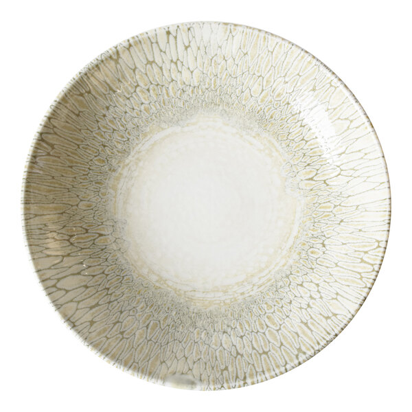 A beige china coupe bowl with a textured, patterned design.