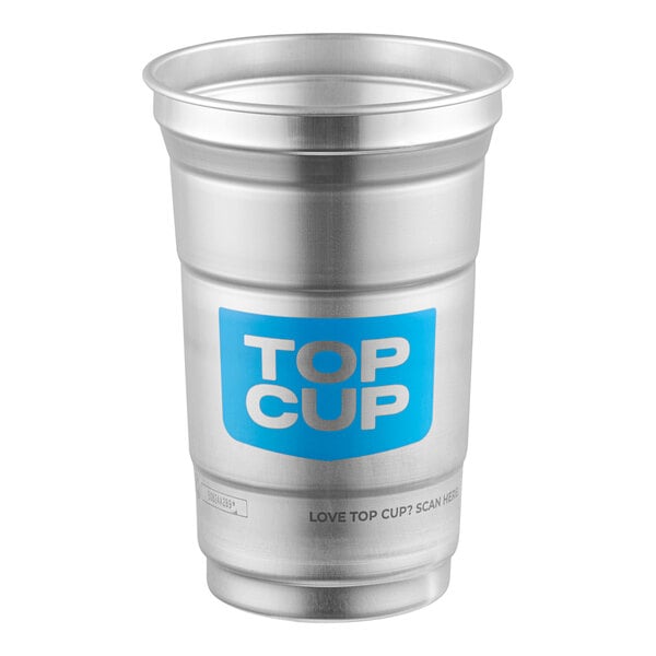 A 9 oz. reusable aluminum cup with a blue 'Top Cup' logo on the front.