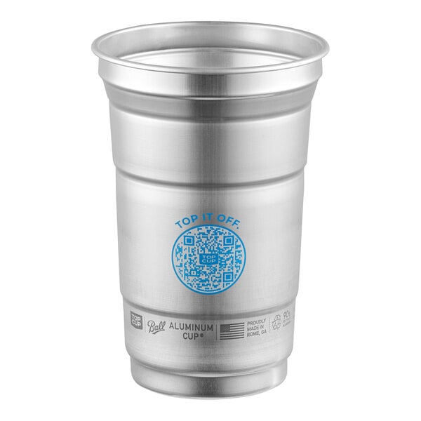 A 9 oz. reusable aluminum cup with a blue Top Cup logo design and QR code on the front.