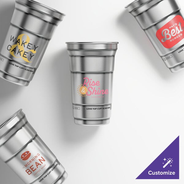 A set of customizable 9 oz. aluminum cups with various logo designs.