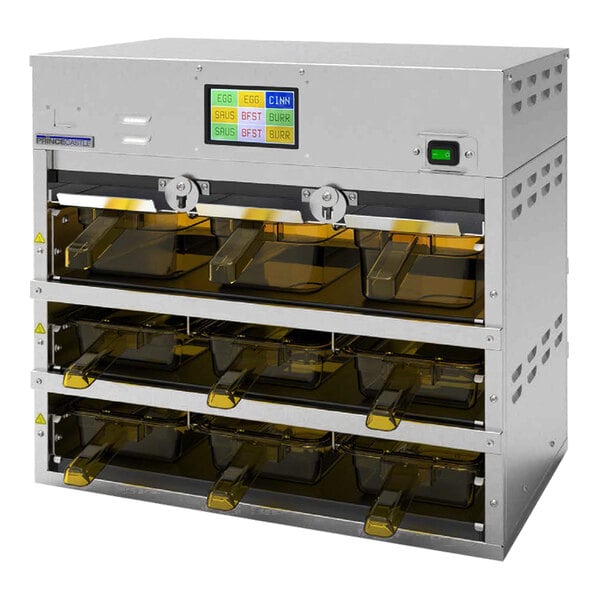 A stainless steel single-sided three-shelf product holding bin with nine pans and a digital display.