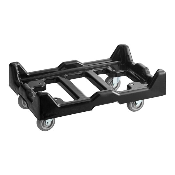 A black plastic tote dolly with four swivel casters designed to transport heavy loads.