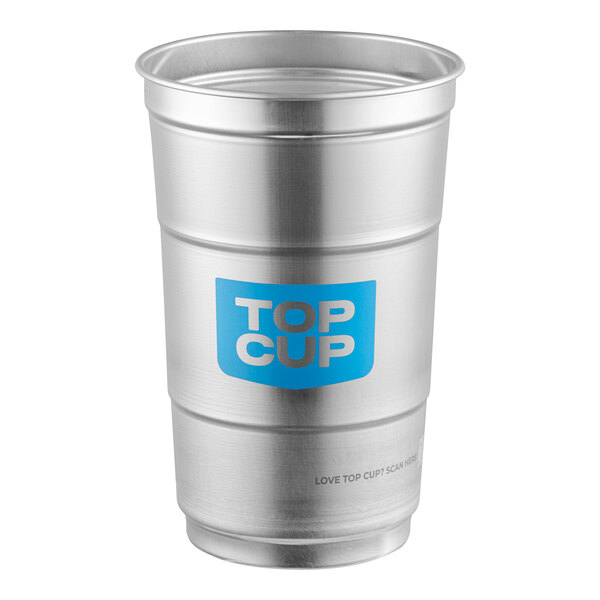 A 24 oz. aluminum cup with a blue 'Top Cup' logo on the front.