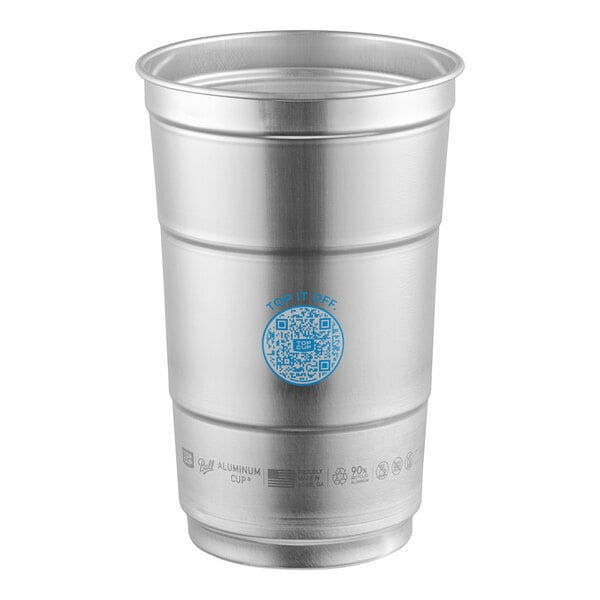 A 24 oz. reusable aluminum cup with a blue Top Cup logo design on the front.