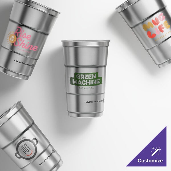 A set of customizable 24 oz. aluminum cups with various logo designs.
