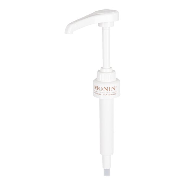 A white Monin syrup pump designed for dispensing 0.25 fl. oz. servings from 750 mL bottles.