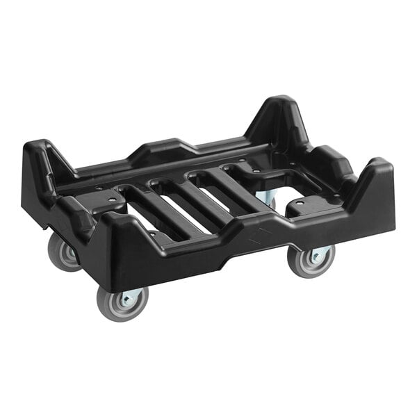 A black plastic tote dolly with four wheels and a 1,000 lb. weight capacity.