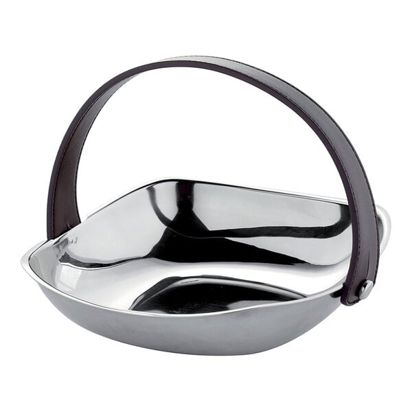 A stainless steel bread basket with a curved handle.
