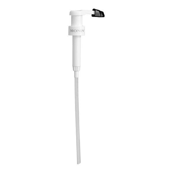 A white plastic pump dispenser with a long tube and a black tip, designed for dispensing liquids from bottles.