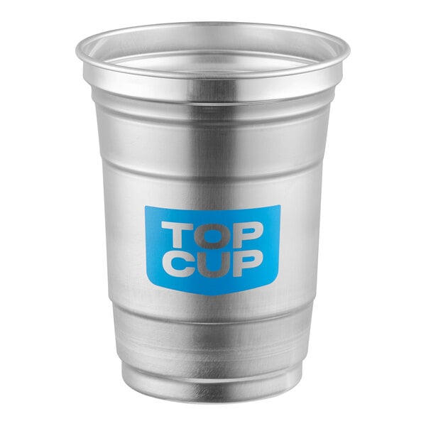 A 16 oz. aluminum cup with a blue 'Top Cup' logo on the front.