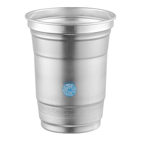 A 16 oz. aluminum cup with a Top Cup logo design.