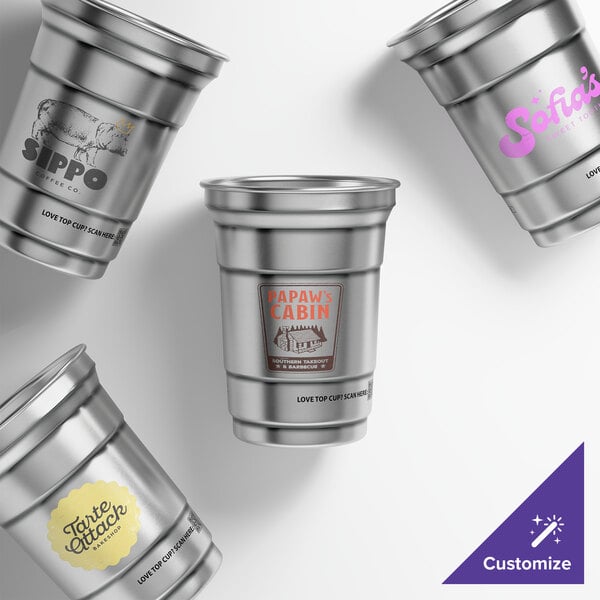 A set of four customizable 16 oz. aluminum cups with different logo designs.