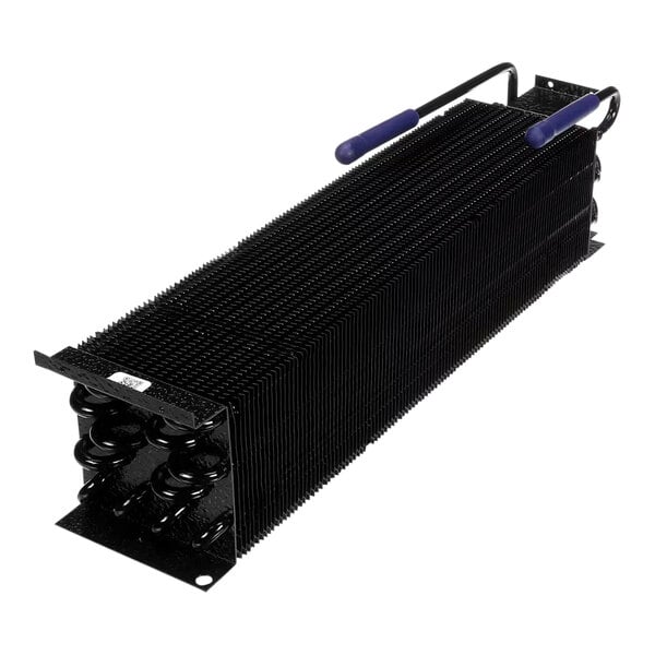 A rectangular tin plate coil with black fins and two blue-handled tubes, used for refrigeration applications.
