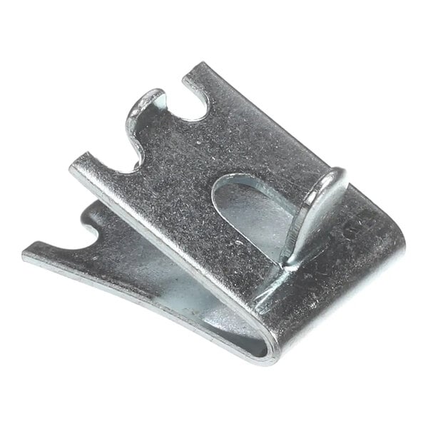 A metal shelf support clip for wire shelving.