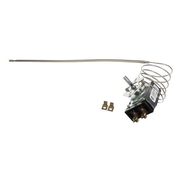 A mechanical thermostat with terminal connectors and a coiled sensing probe.