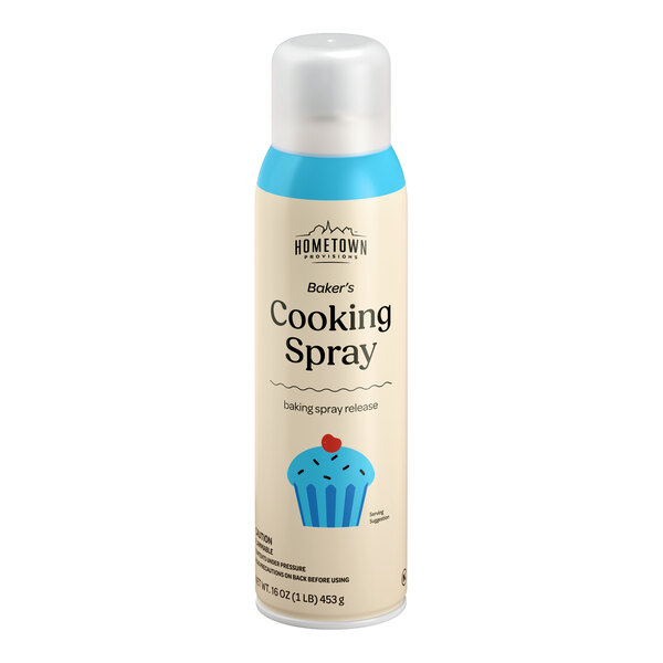 A 16 oz can of Hometown Provisions Baking Pan Release Cooking Spray.