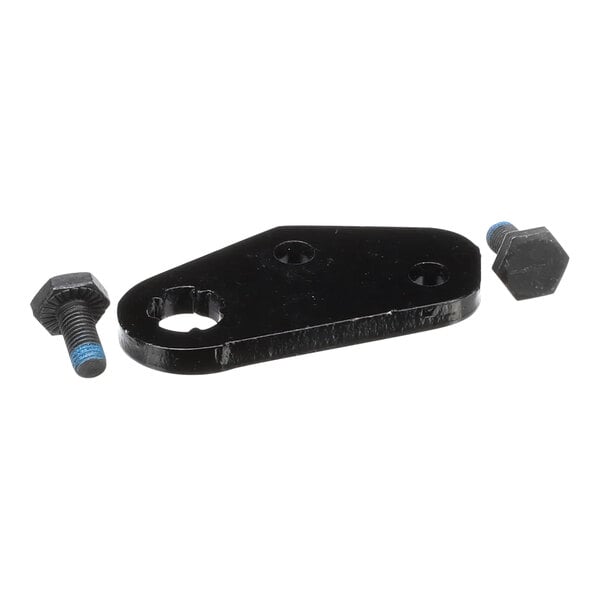 A black metal mounting plate with two bolts, part of a Hussmann Innovator door socket kit.