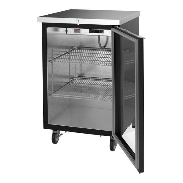 A black counter height back bar refrigerator with a glass door, two wire shelves, and caster wheels.