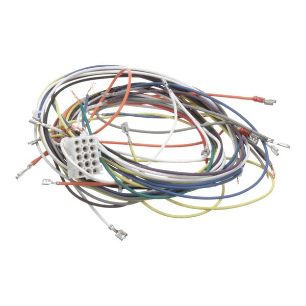 A bundle of multicolored electrical wires with connectors and a white plastic terminal block.