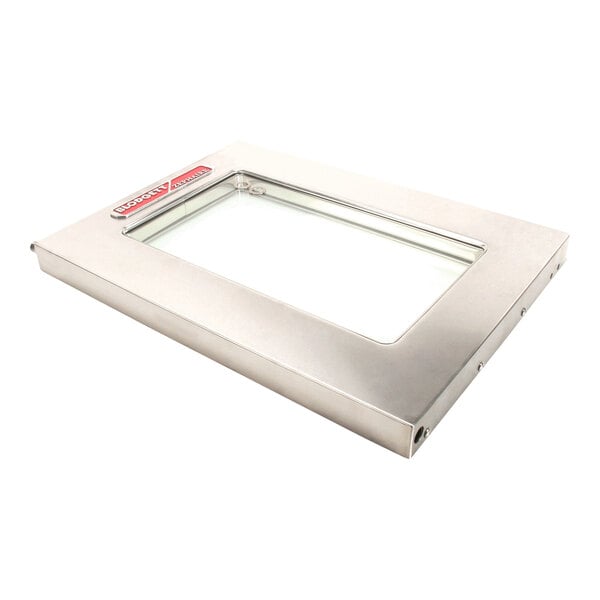 A rectangular stainless steel door assembly with a glass window, designed for a left hinge, compatible with Blodgett Zeph ovens.