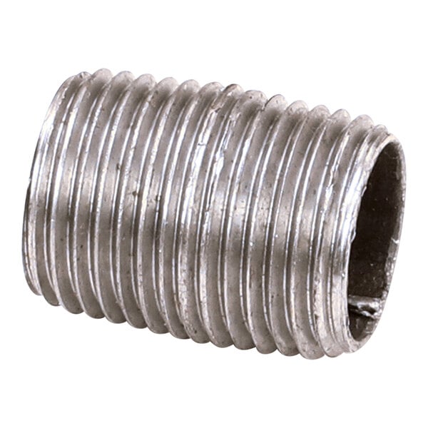 A short, cylindrical metal pipe nipple with external threading on both ends.