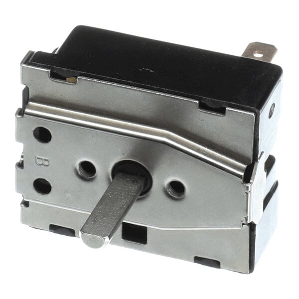 A Blodgett rotary switch with three positions, featuring a metal shaft and a rectangular housing.