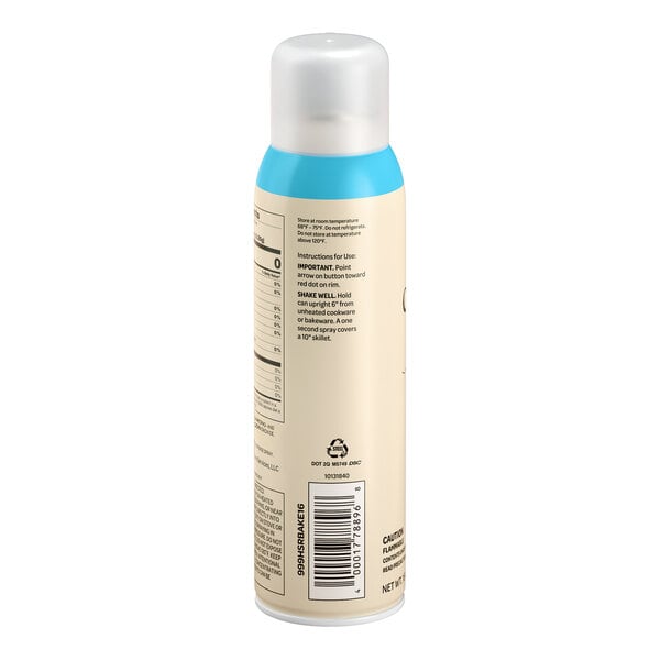 A beige aerosol can of Hometown Provisions Baking Pan Release Spray with a blue accent and white cap.