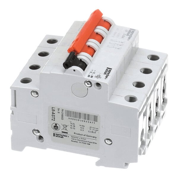 A four-pole circuit breaker with a red switch, designed for 240 VAC applications.