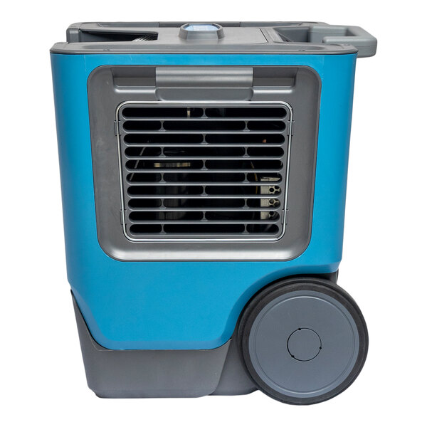 A blue and gray portable dehumidifier with large wheels and a front air vent.